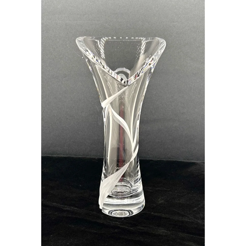 Clear Crystal Flared Vase Frosted Ribbon Etched Tri-Corner Rim 8.5 inch
